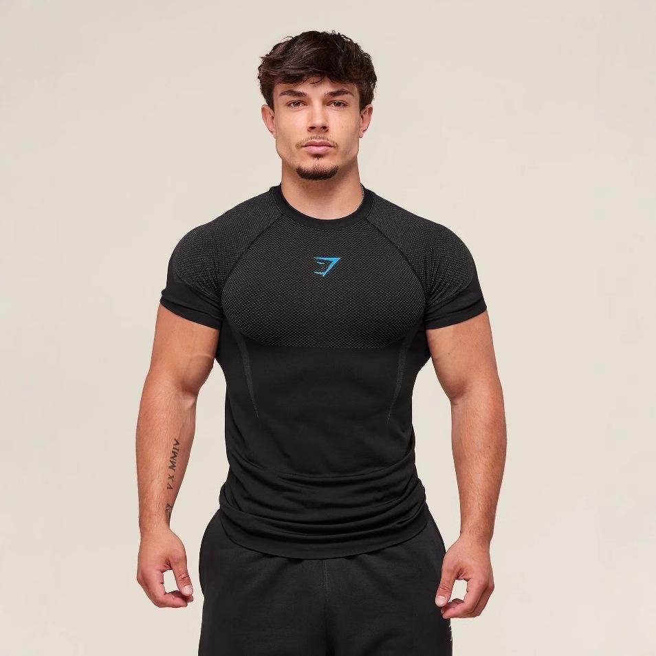 GYMSHARK Herr Kortärmad Muskelpassform Rundhalsad T-shirt - Elastiska Tränings- och Löparkläder med Modeprint L brown