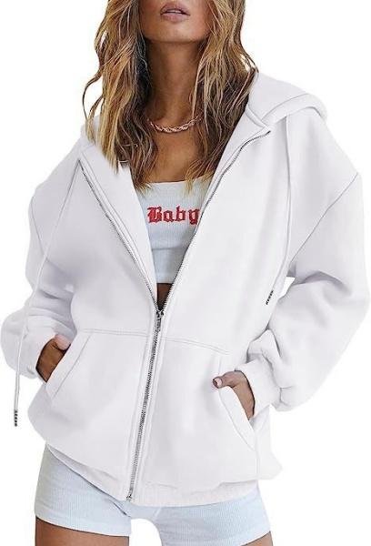 Dam Höstmode Dragkedja Hoodie Långärmad Huvtröja Casual Enfärgad Topp med Fickor M vit