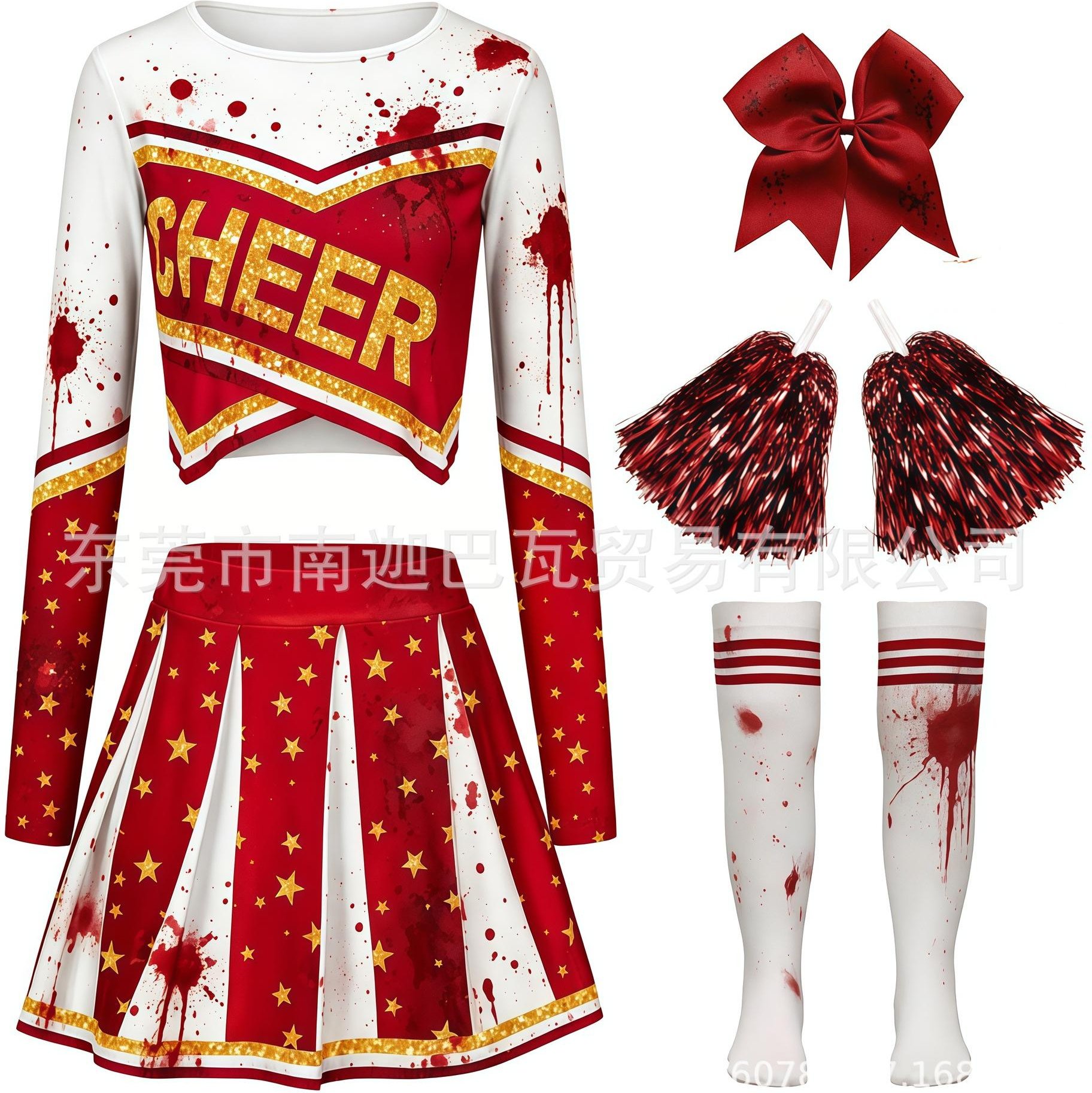 Zombie Cheerleading-uniform Dam Långärmad Cheerleader Prestationsöverdel Kort Kjold Tofsar Halloween Skol Elev Kostym L red