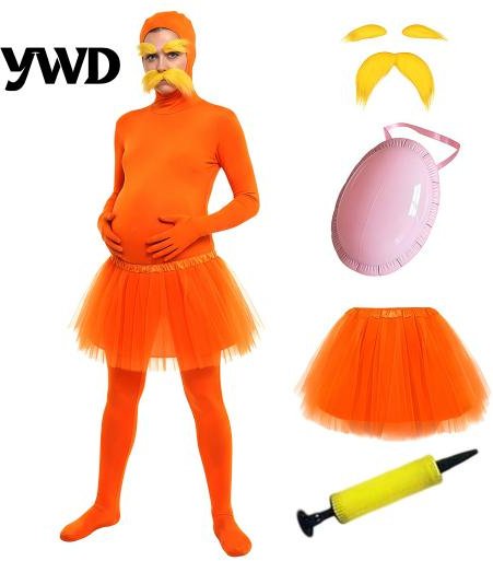 Halloween Cosplay-dräkt Orange Helkroppsdräkt, med Tyllkjol, Falsk Mage, Gul Mustasch & Ögonbryn, Unisex Zentai-dräkt Öppen Ansiktsdräkt, 160cm B red