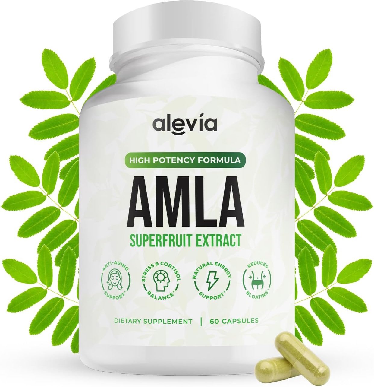 Alevia Ekologiska Amla Kapslar 1000 mg, Naturligt Indiskt Krusbärsfrukt Kosttillskott, Ayurvedisk Hälsa 60 Kapslar pack of 1