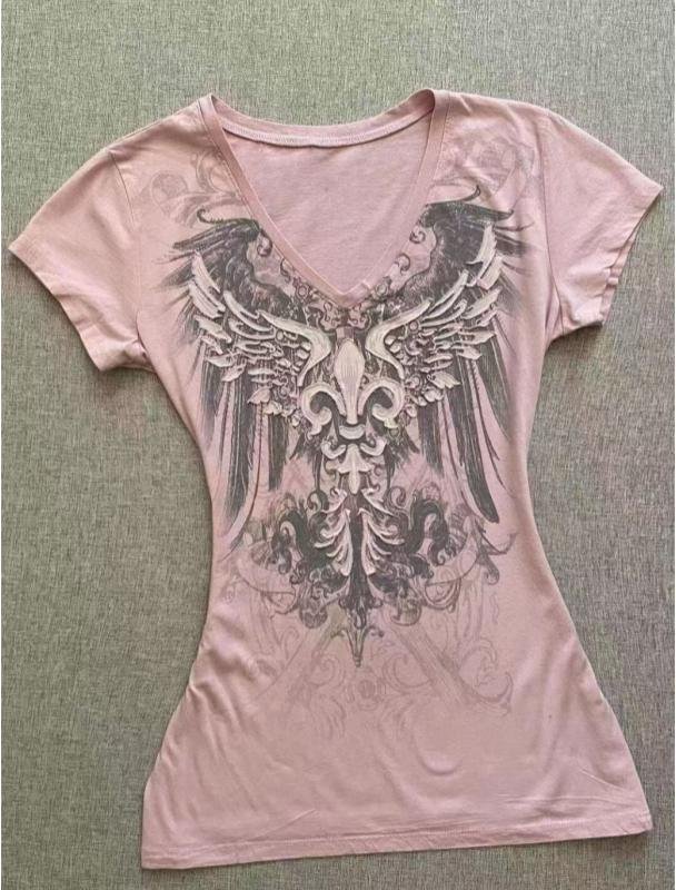 American Street Hottie T-shirt Vintage V-ringad T-shirt 2000-talet Y2K Estetik Grafiskt Tryckta T-shirts Dam Punk Chic Toppar Ropa Mujer M rosa