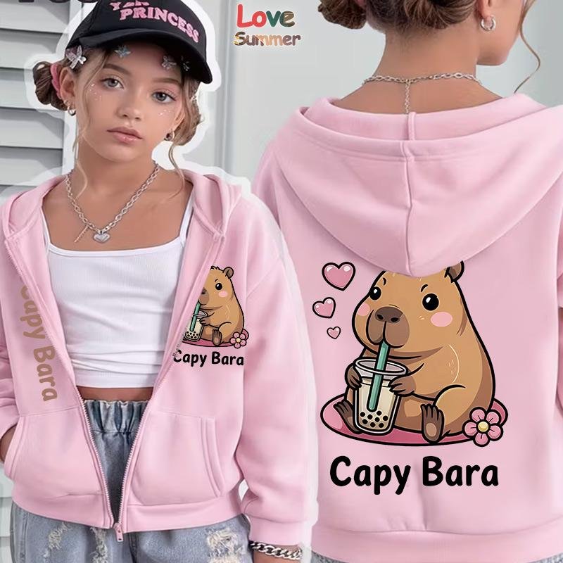 Flickors Trendig Capybara Bokstav Casual Hoodie Vår Höst Dragkedja med Huva för flickor Fester Hemma Kläder Utomhussporter Idealisk Gåva 110