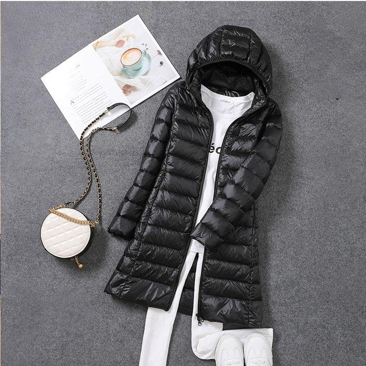 Kvinnor Ultralätt Packbar Lång Pufferjacka Höst Vinter Varm Hatt Avtagbar Huva Damkappa Parka 5XL 7XL XXL black