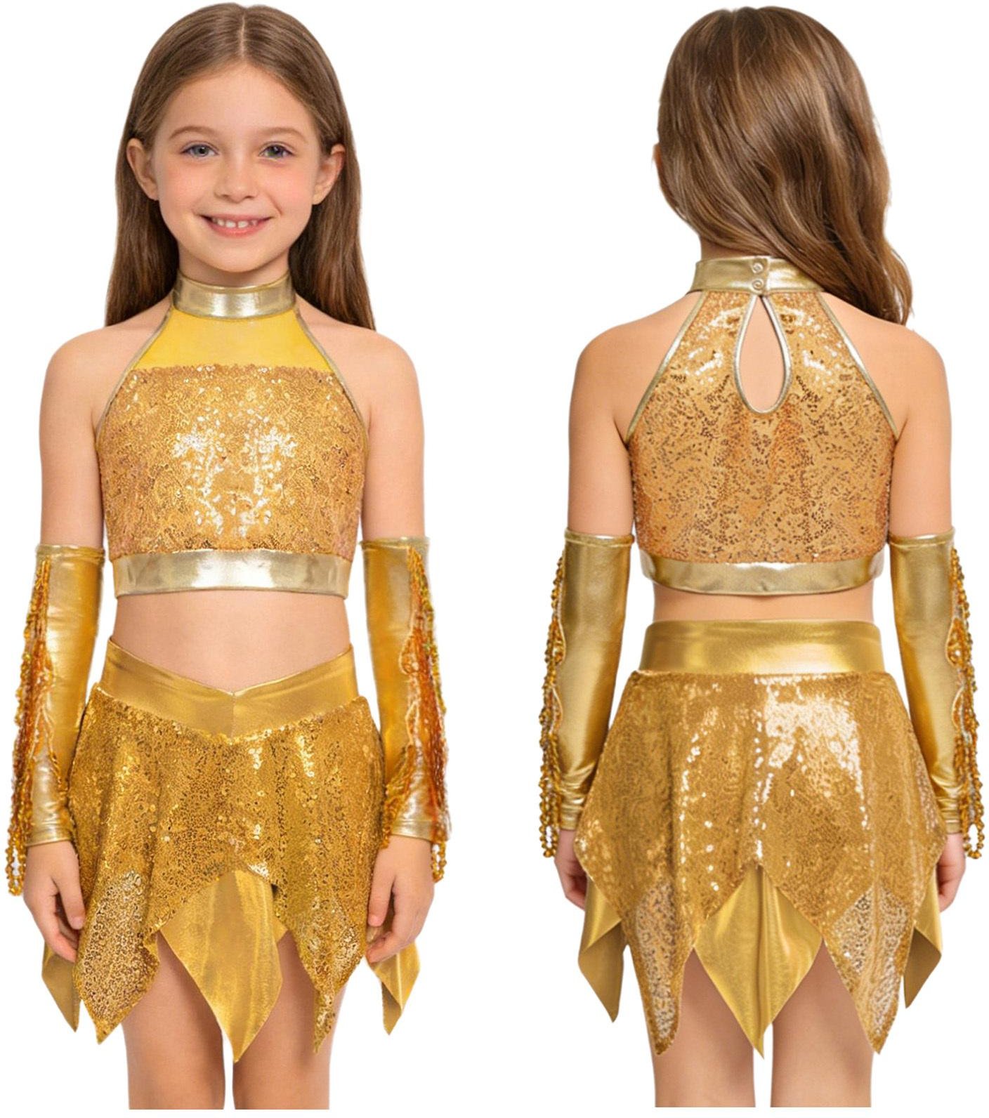 Barn Flickor Jazzdans Uppträdande Outfit Ärmlös Nyckelhål Bak Glittrande Paljetter Croptop med Asymmetrisk Metallisk Kjold och Paljettfransar Handskar 9-10 Years