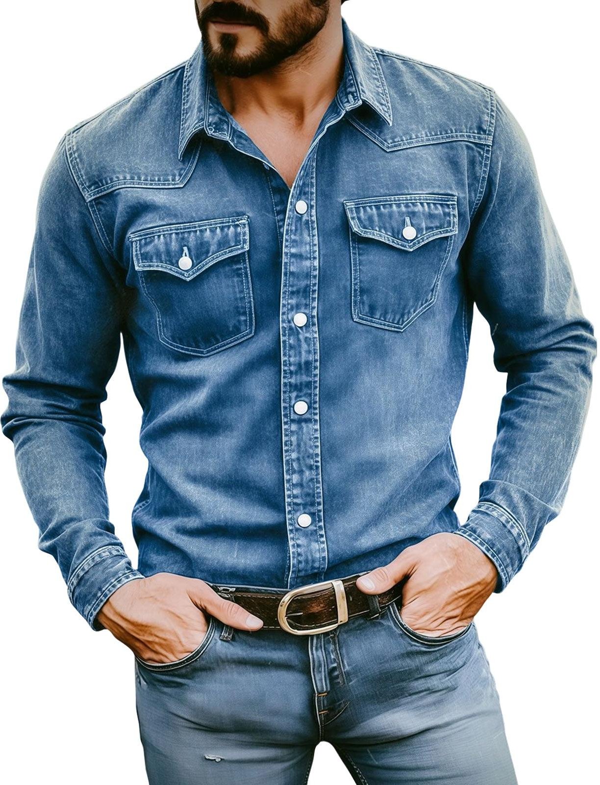 Herrskjorta Långärmad Western Denim Klassisk Knäppning Avslappnad Passform med Dubbla Bröstfickor med Lock och Spetsig Krage för Dagligt Bruk XXL blå