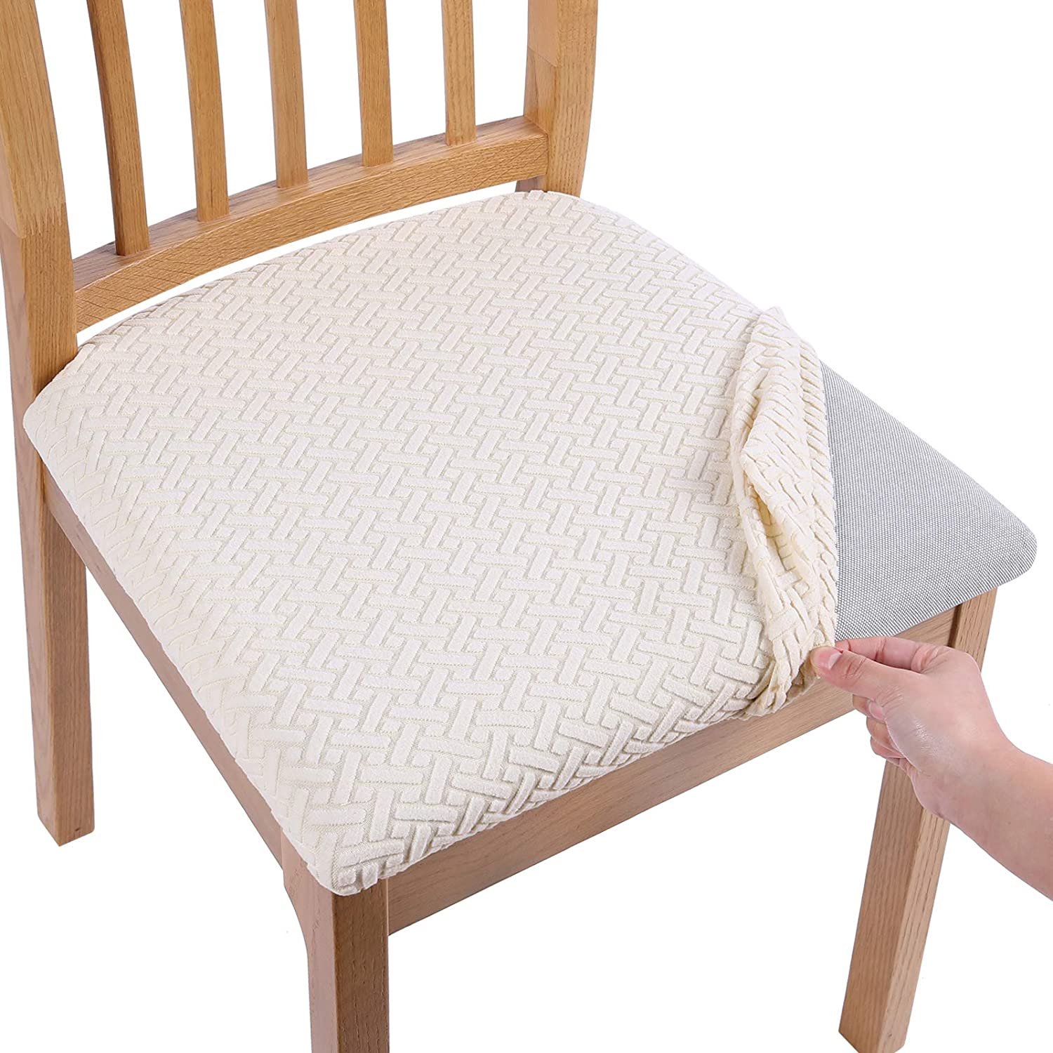 Vattentät Spandex Matsal Klädd Dyna Solid Stol Sätesöverdrag Avtagbara överdrag med tvättbart möbelskydd beige