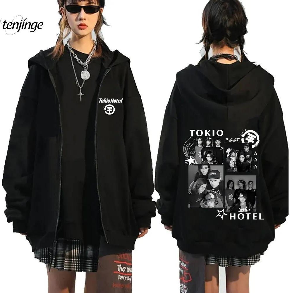 Tokio Hotel Hoodie Rockband Kaulitz Tryck Dragkedjehoodies Fleece Huvtröjor Män Kvinnor Hip Hop Streetwear Dragkedjejacka M black