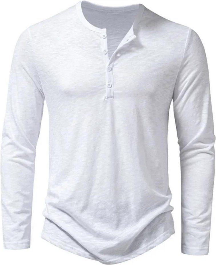 Herr T-shirt med knapp i bomull Henley-tröja Långärmad Casual Enfärgade T-shirts L
