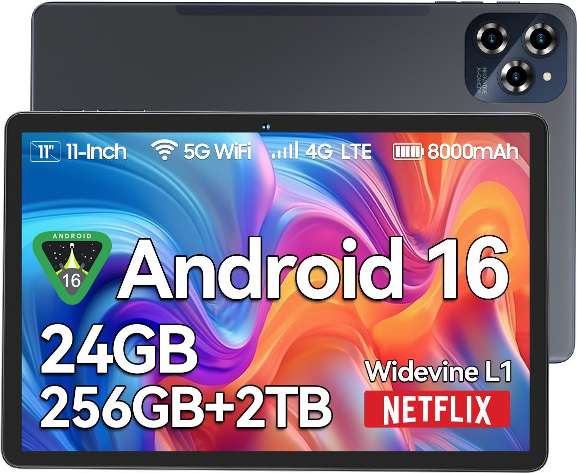 BESTTAB W90 11-tums surfplatta Android 16, 24 GB RAM 256 GB minne(2TB TF-minne),Stor skärm Widevide L1, Octa-core T615, 8000mAh, 5G WiFi, 4G LET, 18W 24+256 grå