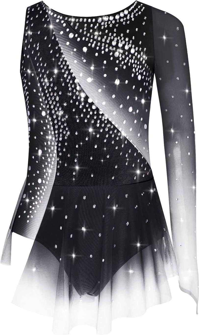 Flickor Konståkning Dansklänning Asymmetrisk Slits Glänsande Strass Kontrastfärg Elegant Outfit 15-16 Years