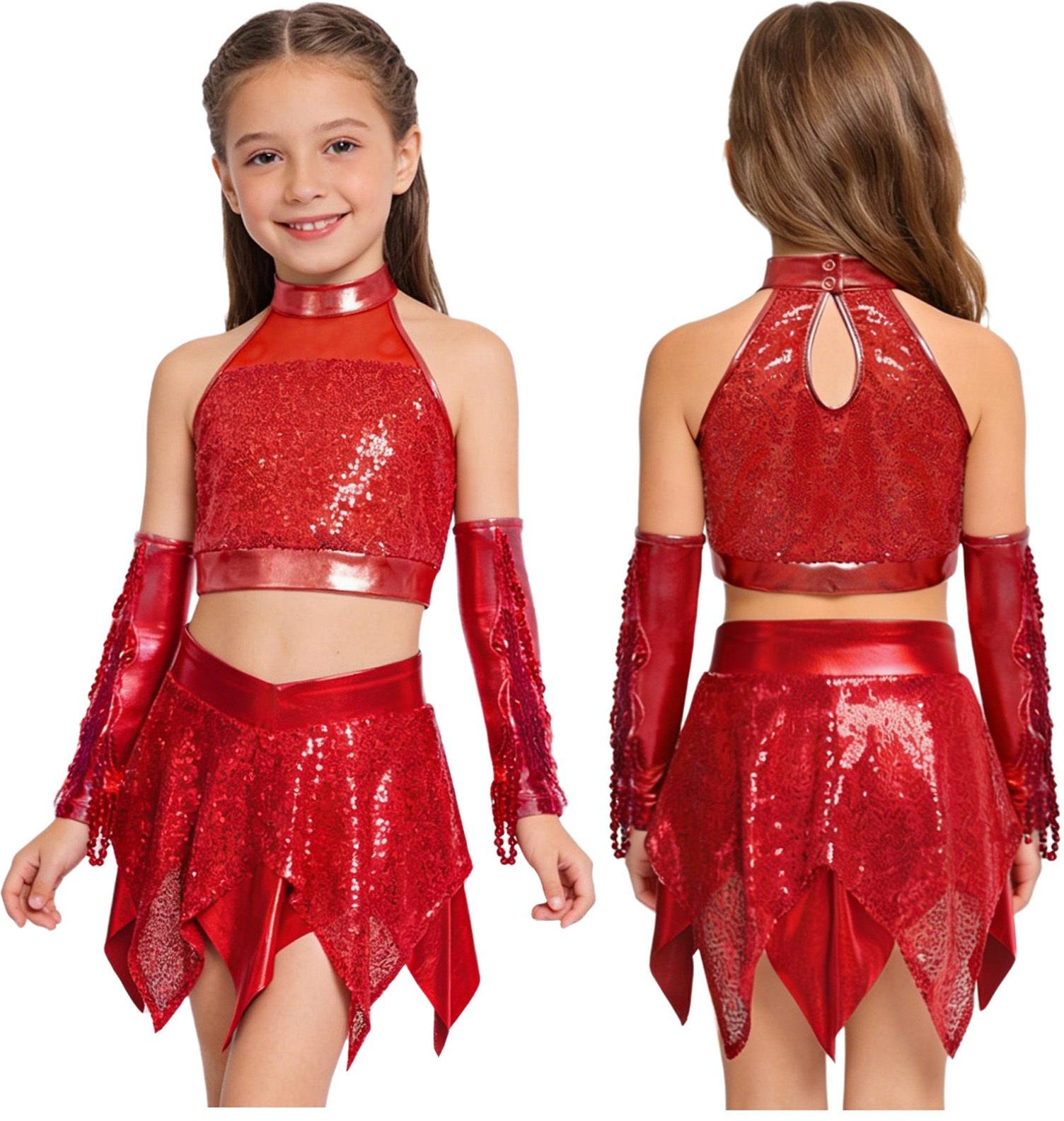 Barn Flickor Jazzdans Uppträdande Outfit Ärmlös Nyckelhål Bak Glittrande Paljetter Croptop med Asymmetrisk Metallisk Kjold och Paljettfransar Handskar 7-8 Years