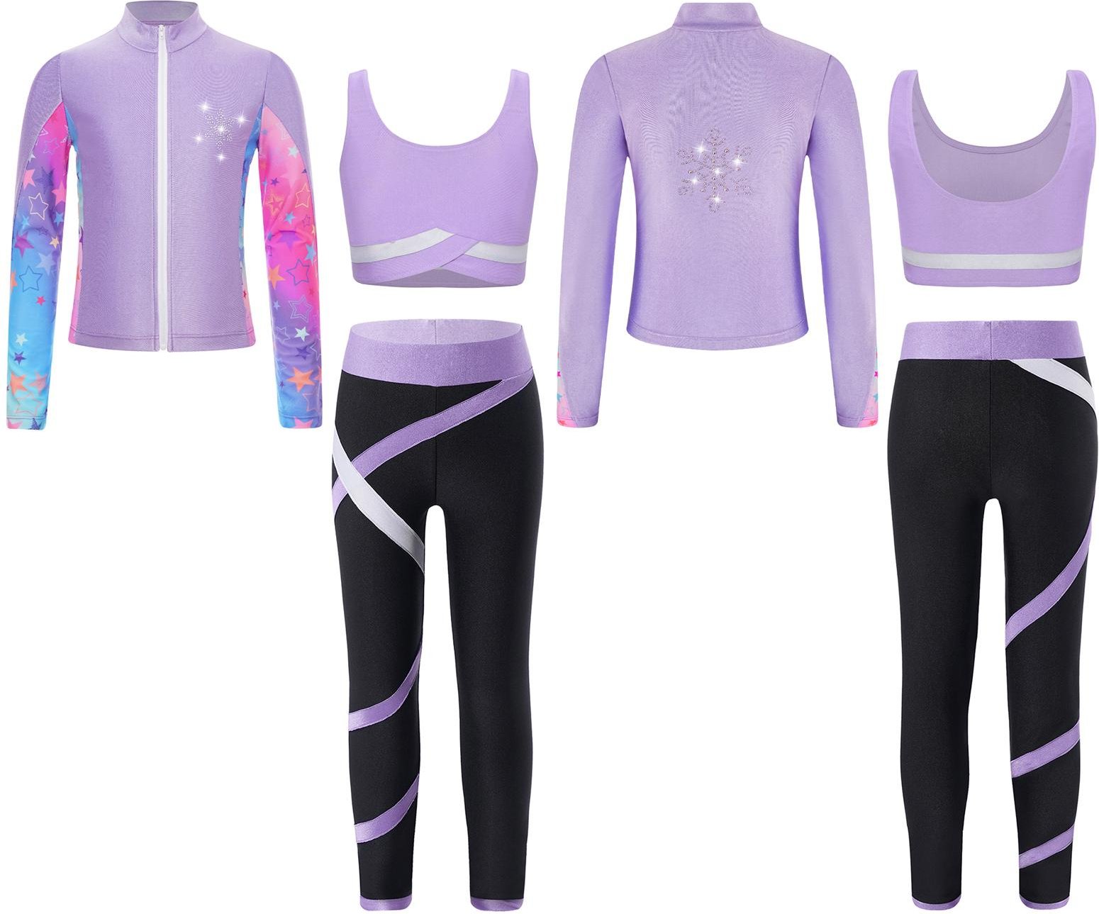 Barn 3 delar flicka Sport Dans outfit Crop linne med atletiska leggings och långärmad jacka set träningsoverall 15-16 Years ljus lila färg