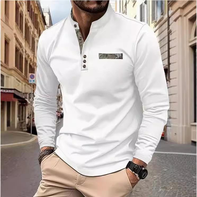 Herr vår och höst herr ståkrage pikétröja avslappnad sport långärmad Henley-tröja XXXL white