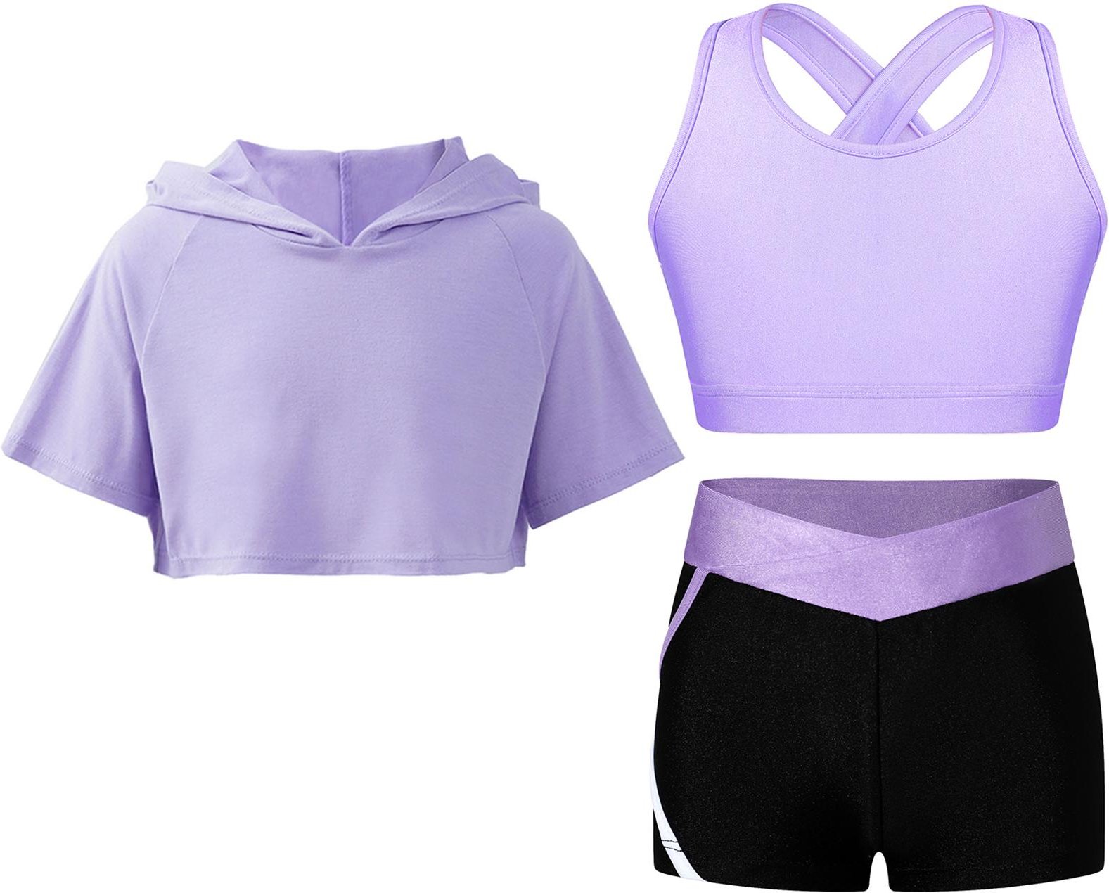 Barn Flickors Tränings Gymnastikdräkt Yoga Set Nyckelhålsrygg Väst Shorts Kortärmad Huva Croppad Topp Tonåring Sport Atletiska Dräkter 5-6 Years lavendel