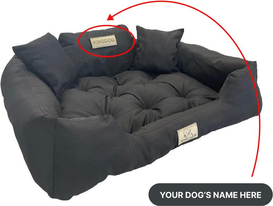 KINGDOG hundsäng med HUNDENS NAMN, vattentät, slitstark, SML XL XXL 3XL S - 55/45 cm svart