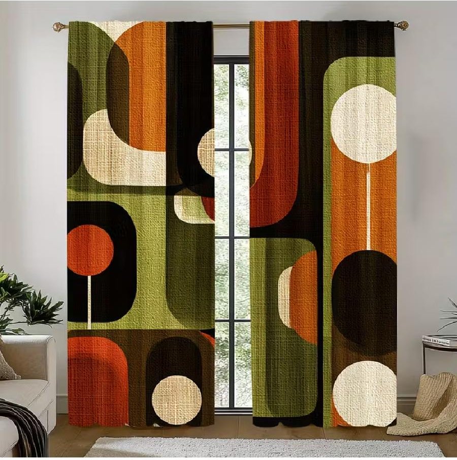 Moderna Retro Geometriska Mid Century Mönster Gardiner Designade Ljusblockerande Premiummaterial Lämpligt Vardagsrum Set Om 2 Tillverkad Polyester W100*H70(CM)-Hooks&1PCS black