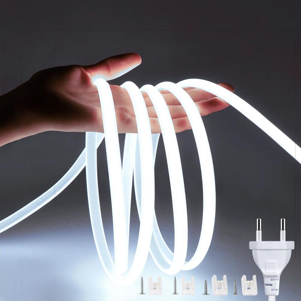 220V COB LED Strip Light EU Power Plug IP67 Spännefixering LED Strip-lampa Flexibel COB Linjär Light Bar 3000K 4000K 6000K 1-21m 0.5M kall vit färg