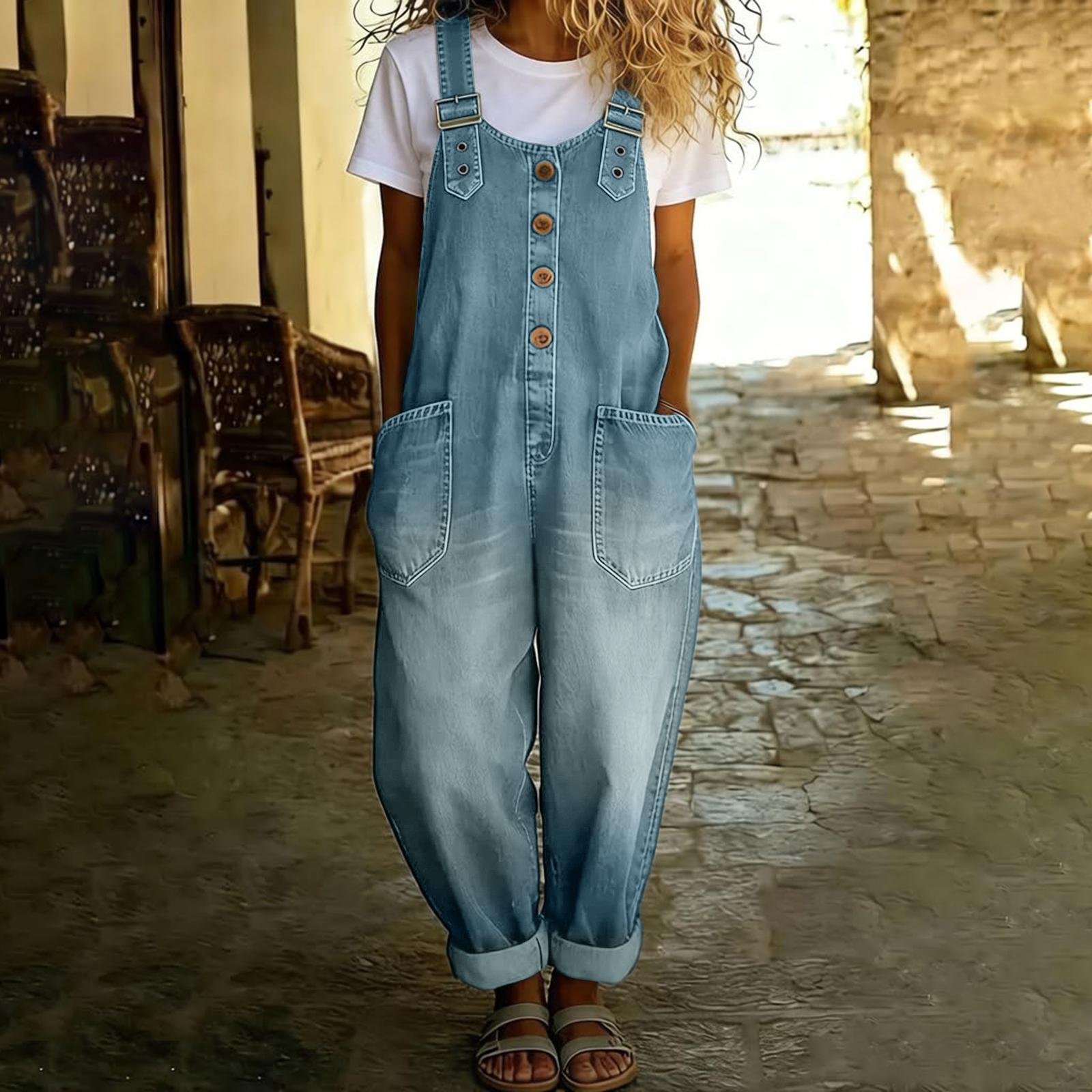 Damernas Casual Lös Passform Denim Jumpsuit med Retrodesign och Knappstängning XXL ljusblå färg