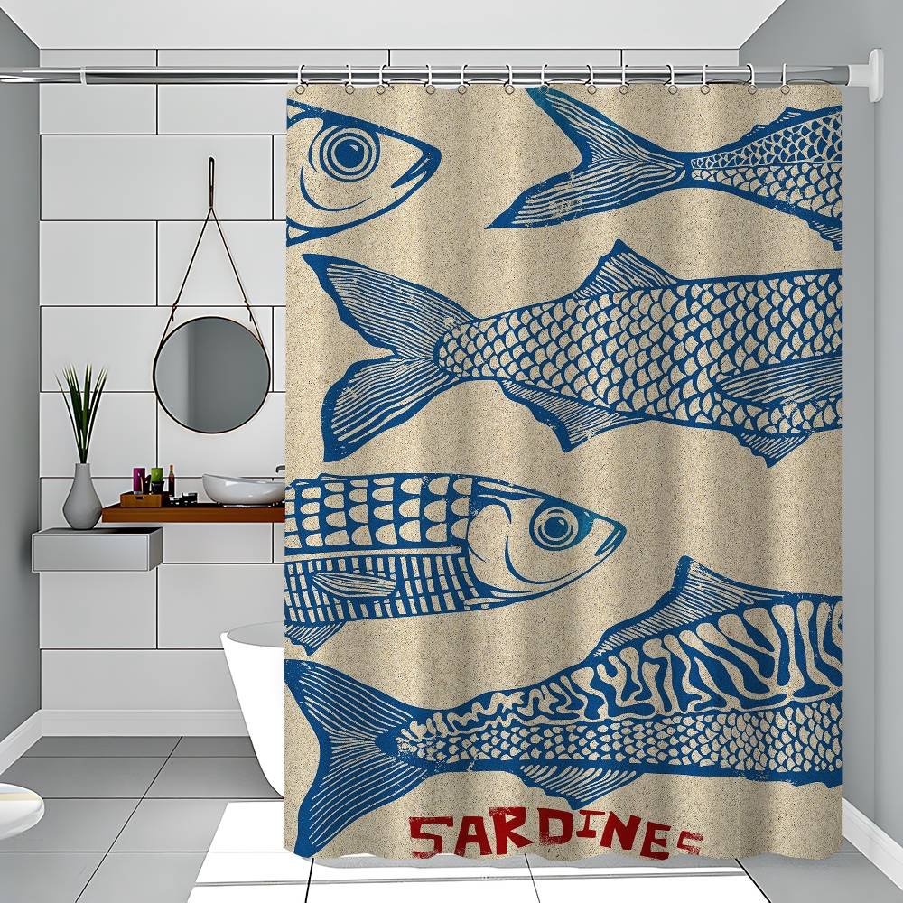 Retro Kök Fisk Blå Sardiner Röd Hummer Tonfisk Enkelt Duschdraperi Badrumsduschdraperi Lätt Rengöring Skrubb Ljust Opakt 150x180 cm