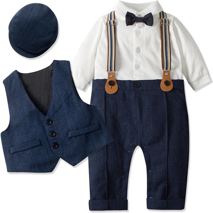 Babydräkter Kläder för nyfödd pojke Romper + väst + hatt Formella kläder Outfit Fest fluga Barn Födelsedagsklänning 73cm white
