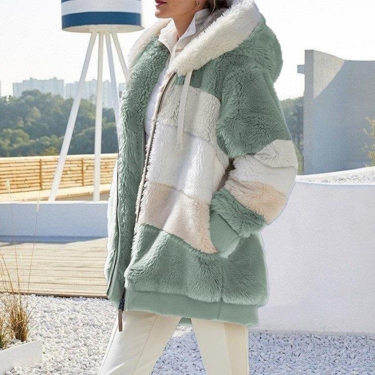 Europa USA 2024 Höst Vinter Varm Plysch Zipper Ficka Hood Loose Jacka Dam S grön