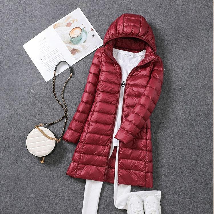 Kvinnor Ultralätt Packbar Lång Pufferjacka Höst Vinter Varm Hatt Avtagbar Huva Damkappa Parka 5XL 7XL L brown