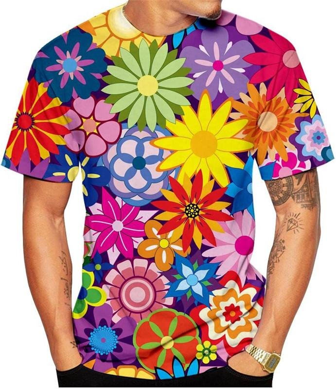 T-shirt herr 3d färgglada blommönster Kortärmade T-shirts Överdimensionerade toppar med rund hals T-shirt Streetwear Sommarkläder T-shirts 4XL blue