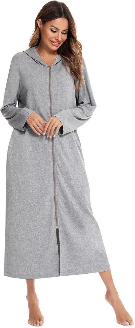 Bright Deer Dam Lättviktshuva Morgonrock Dragkedja Hel Lång ärm Bomullsstickad Mjuk Nattlinne Kimono Zipper Housecoat Solstol Luvtröja XL
