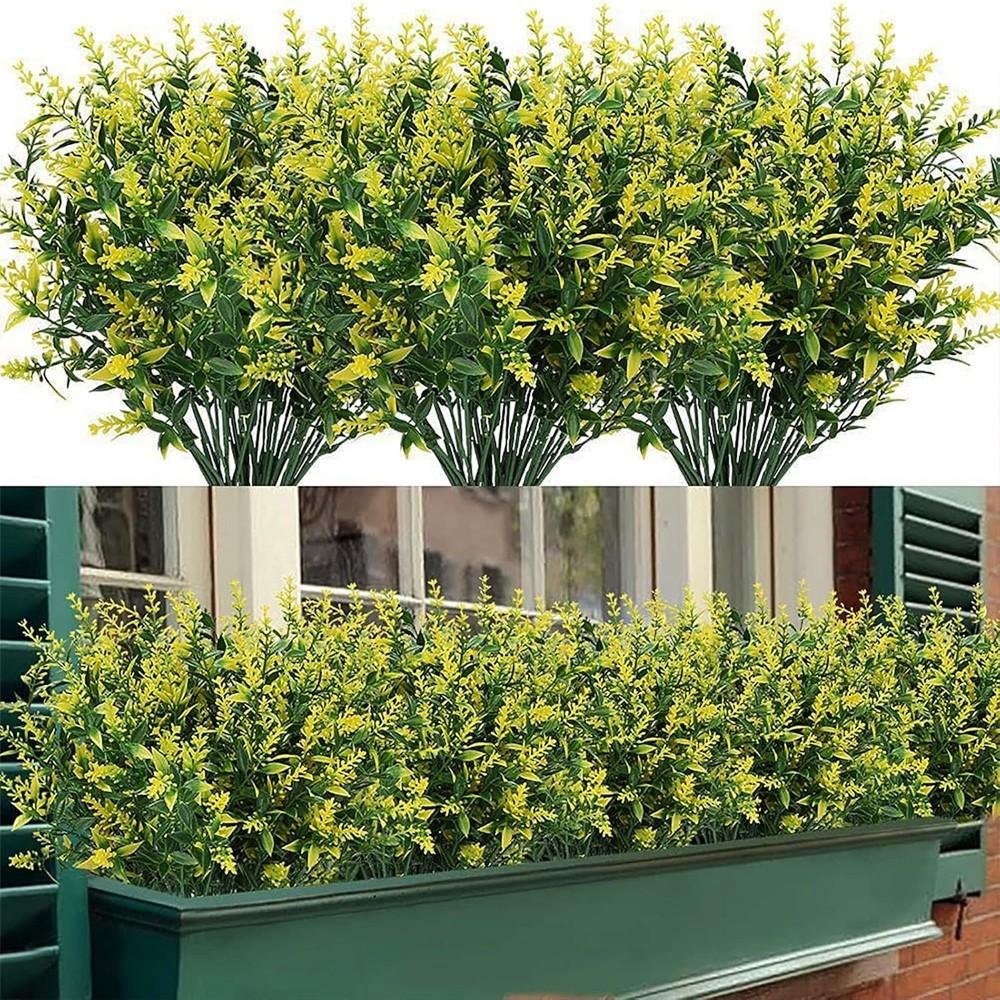 12 Buketter Konstgjorda Blommor Utomhus Falska Buskar Växter för Hem Trädgårdsdekor Yellow white