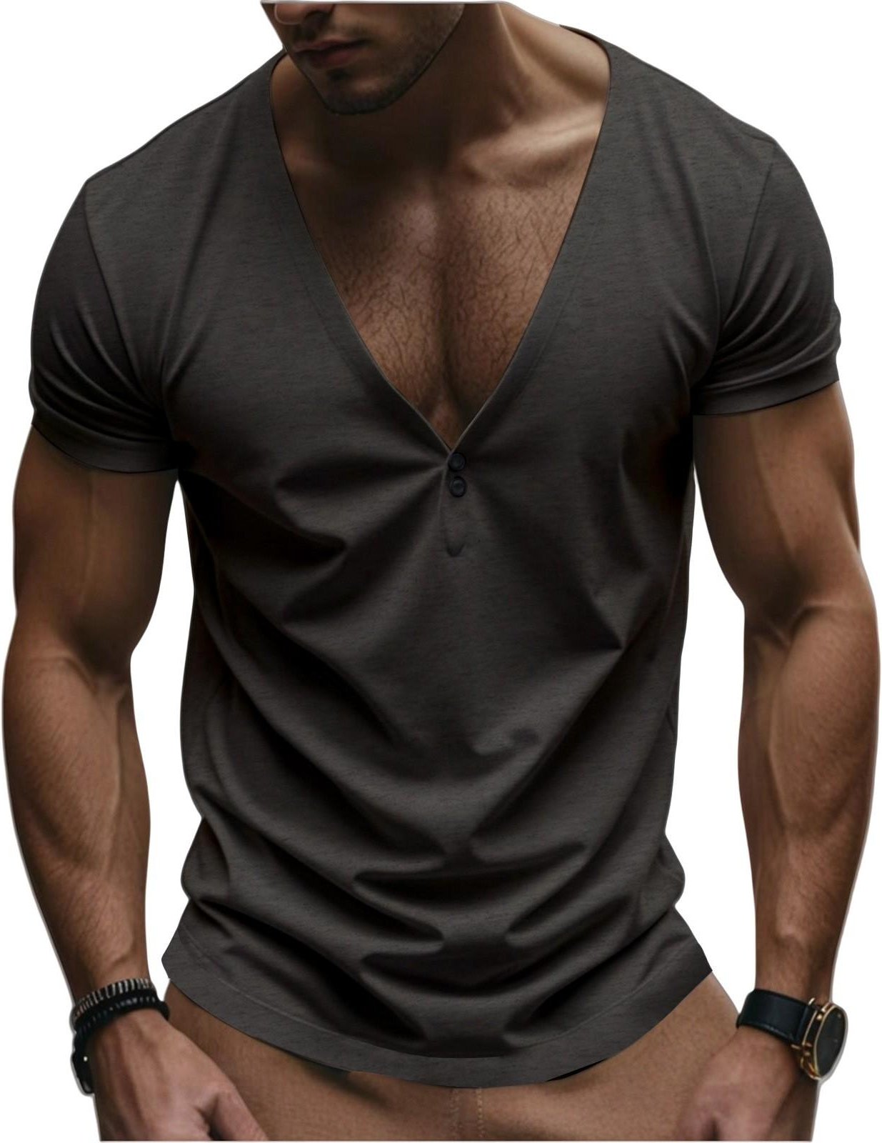 Herr T-shirt med djup V-ringning, smal passform och knappdetaljer, Casual kortärmad tee för en snygg sommarlook, Röd M black