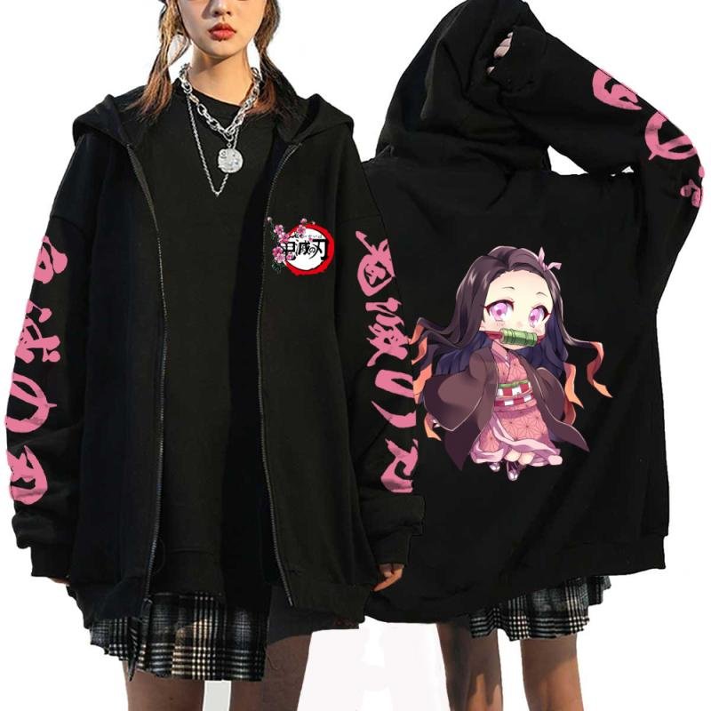 Anime Demon Slayer Hoodies Kamado Nezuko Print Zip Up Jacka Hip Hop Streetwear Sweatshirts Dam Harajuku Casual Coats Y2K Toppar S white