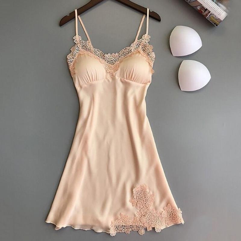 Dam Sexig Nattklänning i siden Satin Ärmlös Nattklänning V-ringad Nattlinne Nattlinne Spets Sovkläder Nattkläder XXXL beige