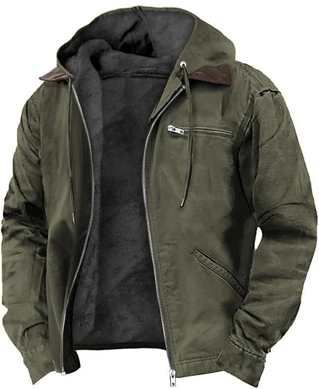Herrhöst Vinter Casual Huvförsedda Dragkedja Enfärgade Fleecefodrade Varma Jackor Manliga Flera Fickor Utomhus Huvtröjor Rockar Ytterkläder 3XL black