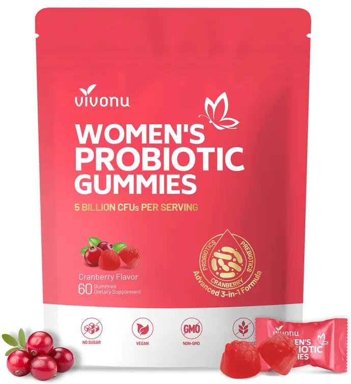 60 Probiotiska Gummy-vitaminer för Kvinnor, Probiotika för Kvinnor, Tranbärssmak, 5 Miljarder CFU för Intim Hälsa och Matsmältning 1 pack