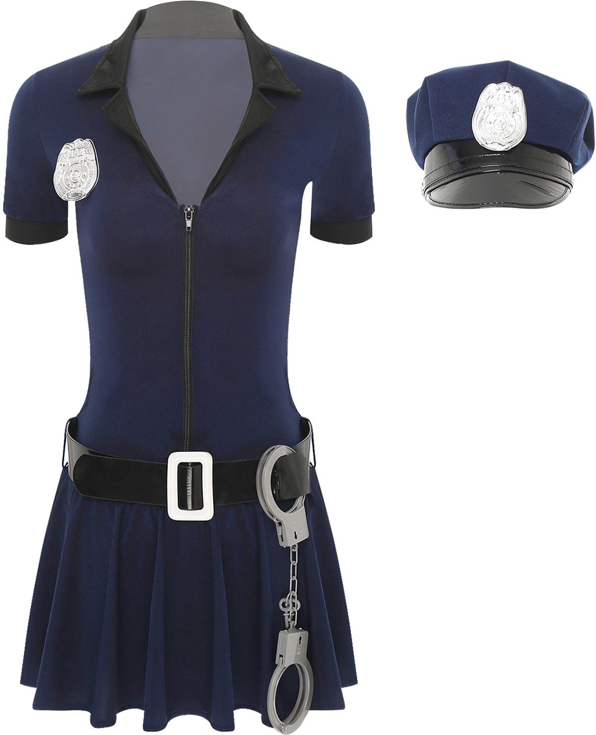 Dam Poliskvinna Cosplay Kostym Klänning med Dragkedja Fram Hatt Midjebälte Handbojor Fyra Delars Set Smutsig Polis Outfit M marinblå färg