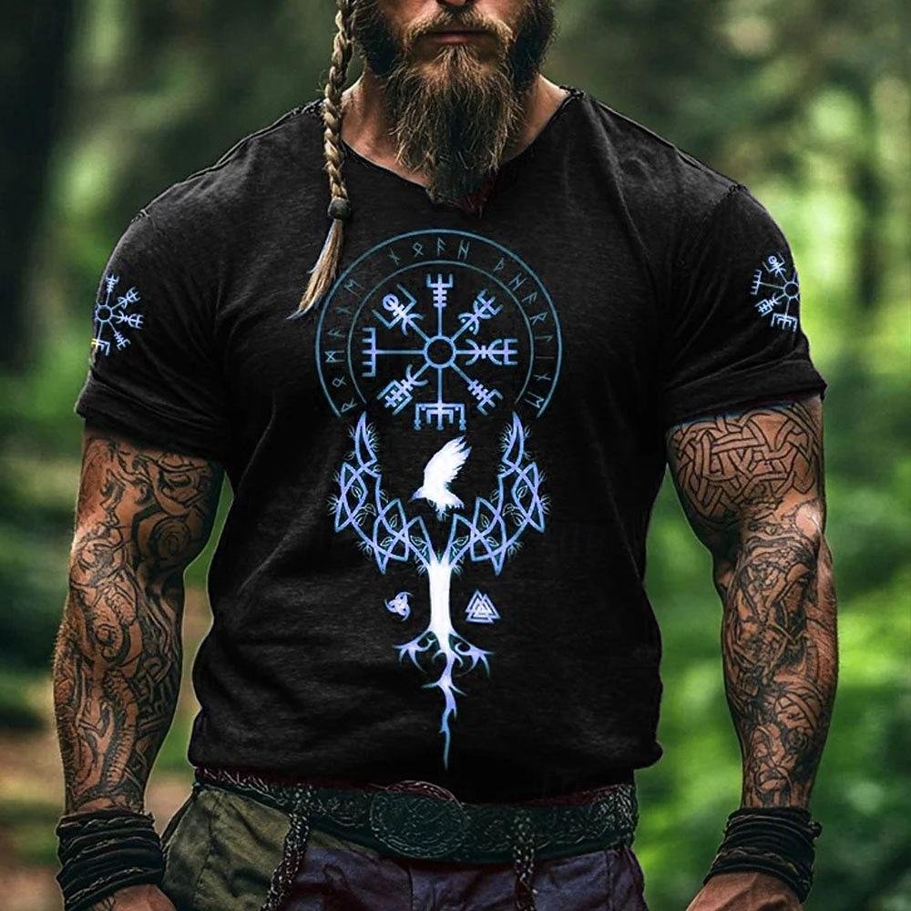 Herr Viking T-shirt Kortärmad T-shirt 3D-tryck Rundhalsad Skjorta Mode Etnisk Street Casual Vardag Svart 1 Svart 3 Svart Sommar Vår Alla XL black