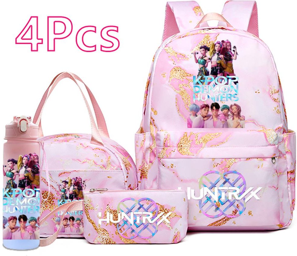 4 st/set Tecknad K-Pop Tryckt Ryggsäck Handväska Pennfodral med 750 ml Vattenflaska för Tonåring Pojke Flicka Skolväska Stor Kapacitet Bokväska Mochila