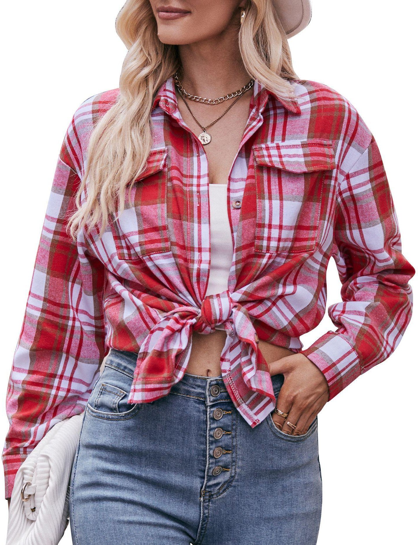 Vår och höst damskjortor Rutig långärmad Casual Fashion Stor lös skjorta XL röd