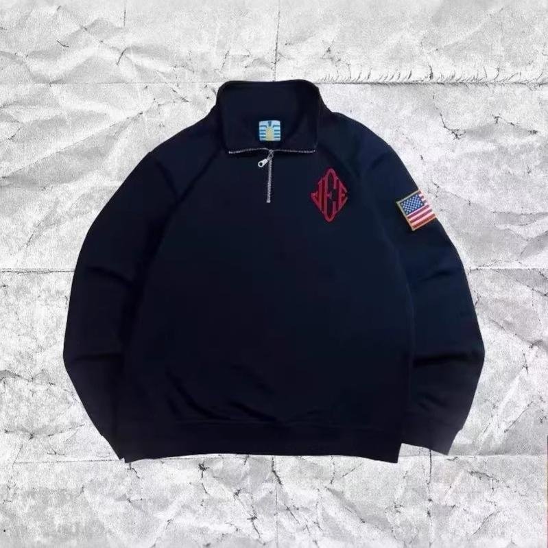 Unisex Y2K Marinblå Quarter Zip Tröja USA Broderad Amerikansk Flagga Patch Jacka Herr Dam Vintage Streetwear Mode L