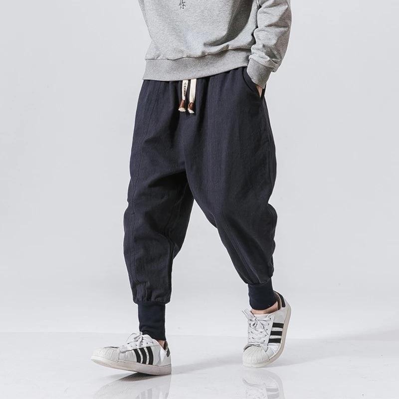 Bomull Linne Haremsbyxor Herr Solid resår i midjan Streetwear Joggingbyxor 2022 Nya Baggy Drop-Carch Byxor Fritidsbyxor Herr XXXL black
