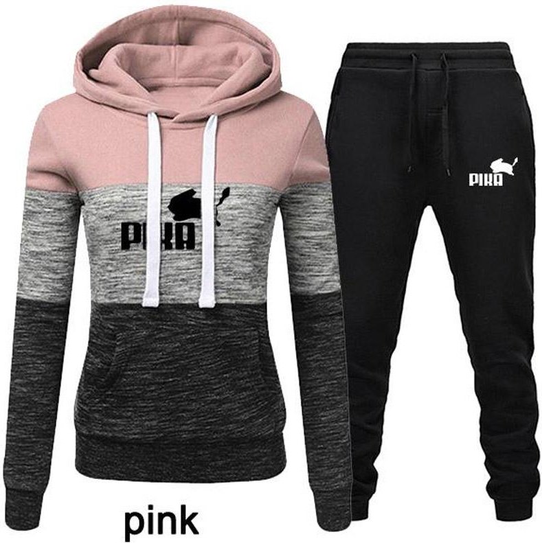 Dammode 2st Träningsoveraller Färg Patchwork Träningsoverall Kvinnlig Långärmad Luvtröja Joggingbyxor Sport Huvtröjor Set XXL