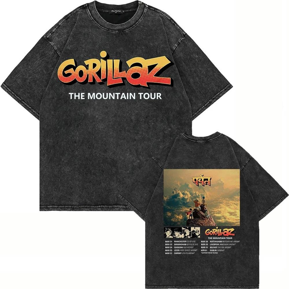 Vintage Tvättad Gorillaz The Mountain T-shirt Mode Herr Dam Estetisk Retro Överdimensionerad Lös Syratvättade T-shirts Kläder XXL black