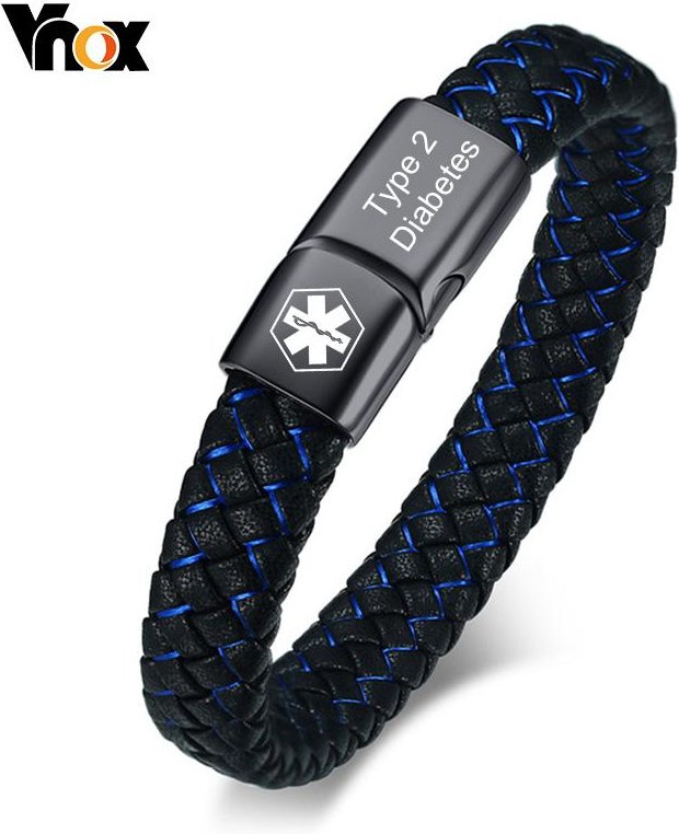 Vnox Anpassningsbart Medicinskt ID-armband för Män Flätat Läderarmband med Spänne Diabetes KOL Alzheimers Personliga Smycken 20.5cm gray