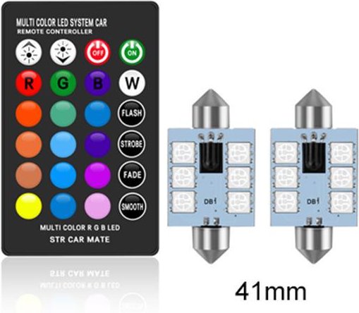 C5W LED RGB Festoon 31mm 36mm 39mm 42mm Bilinredningsljus med fjärrkontroll Flerfärgad Dome Light Läslampa Auto 12V 41mm - 2 bulbs 1 remote