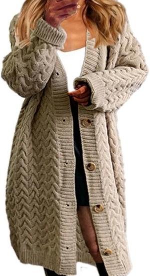 Långärmade knappar Stängning Dam Cardigan Lång Enfärgad Twist Stickad Kappa Ytterkläder M ljus kaffefärg