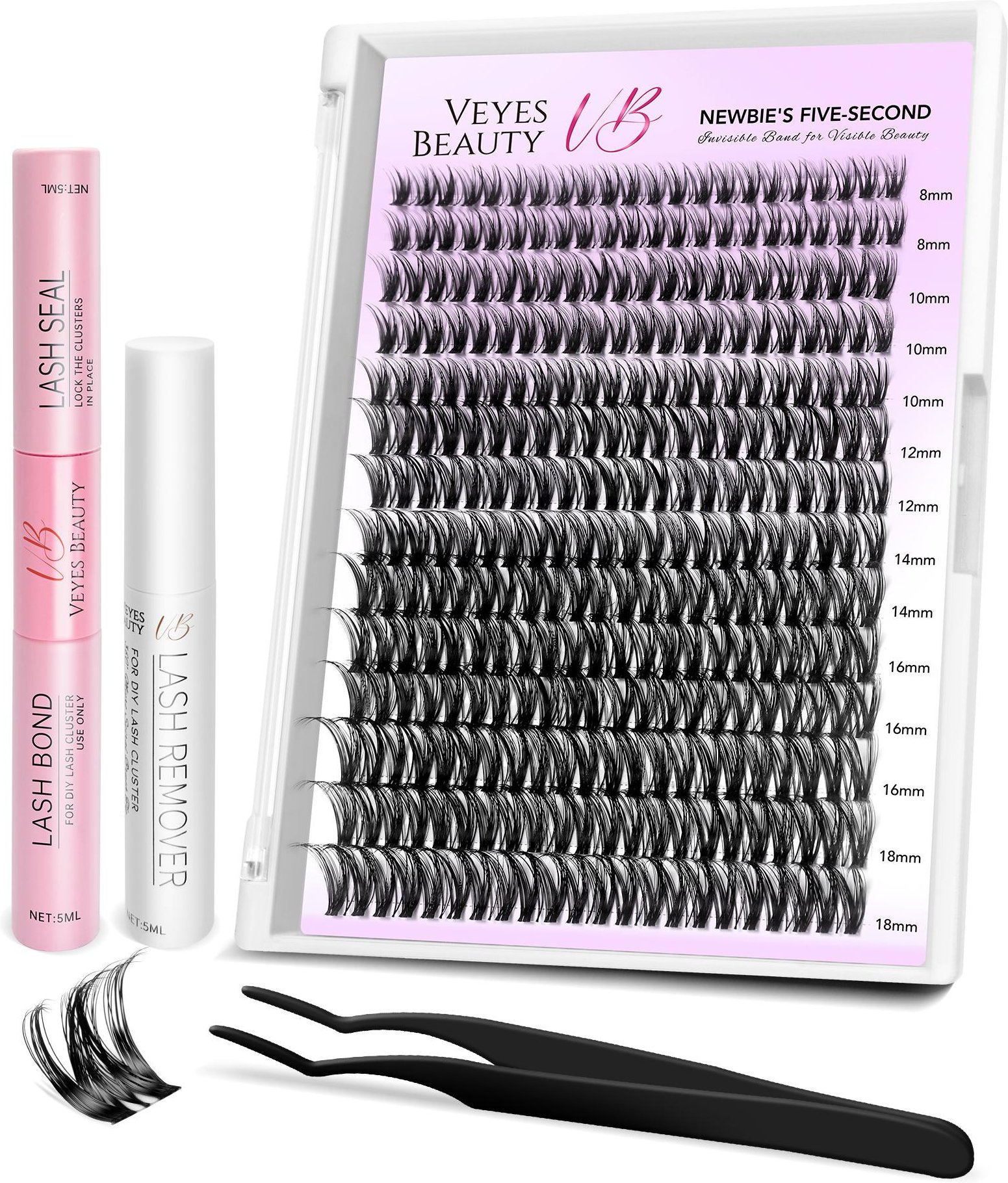 Veyesbeauty Ribbon Lash Clusters fjäderlätta exklusiv Glue-Seal Teknik signatur ultratunn fjäderlätt band 308 Clusters 8-18mm Lash Kit svart