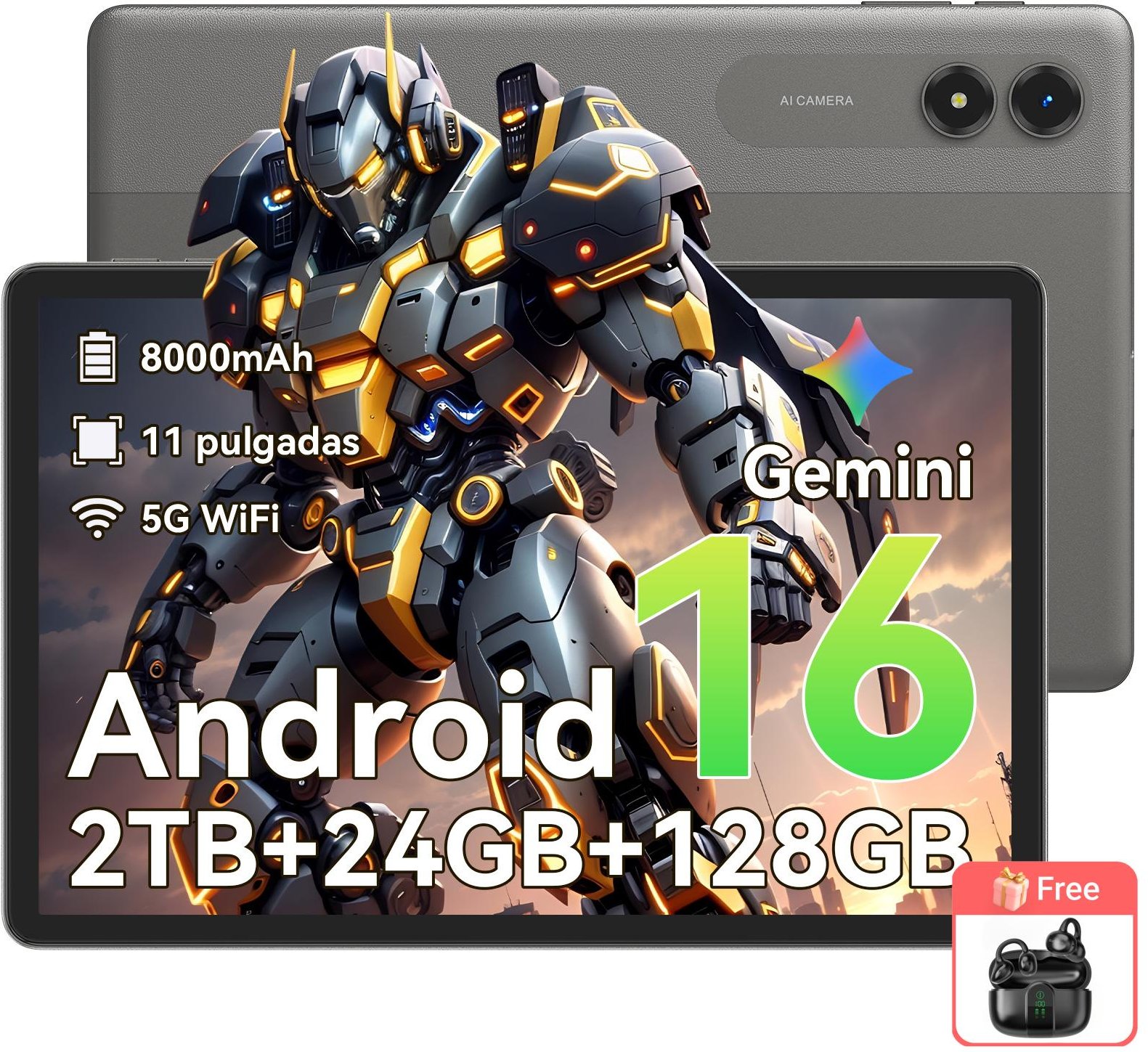 TABWEE T50 Android 16 Surfplatta 11tum 24GB RAM+128GB ROM (2TB TF-minne), 90 Hz-skärm, 8000mAh, 5G WiFi Bluetooth headphones grå