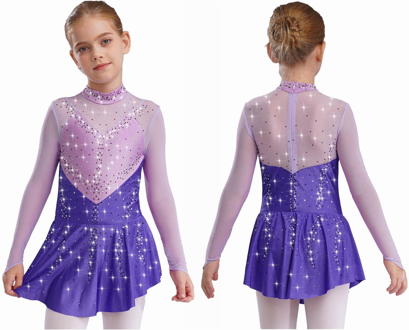 Flickor Barn Konståkning Dansklänning Balettdräkt Danskläder Mock Neck Långärmad Färgblock Genomskinlig Mesh Strass Klänning 13-14 Years violett