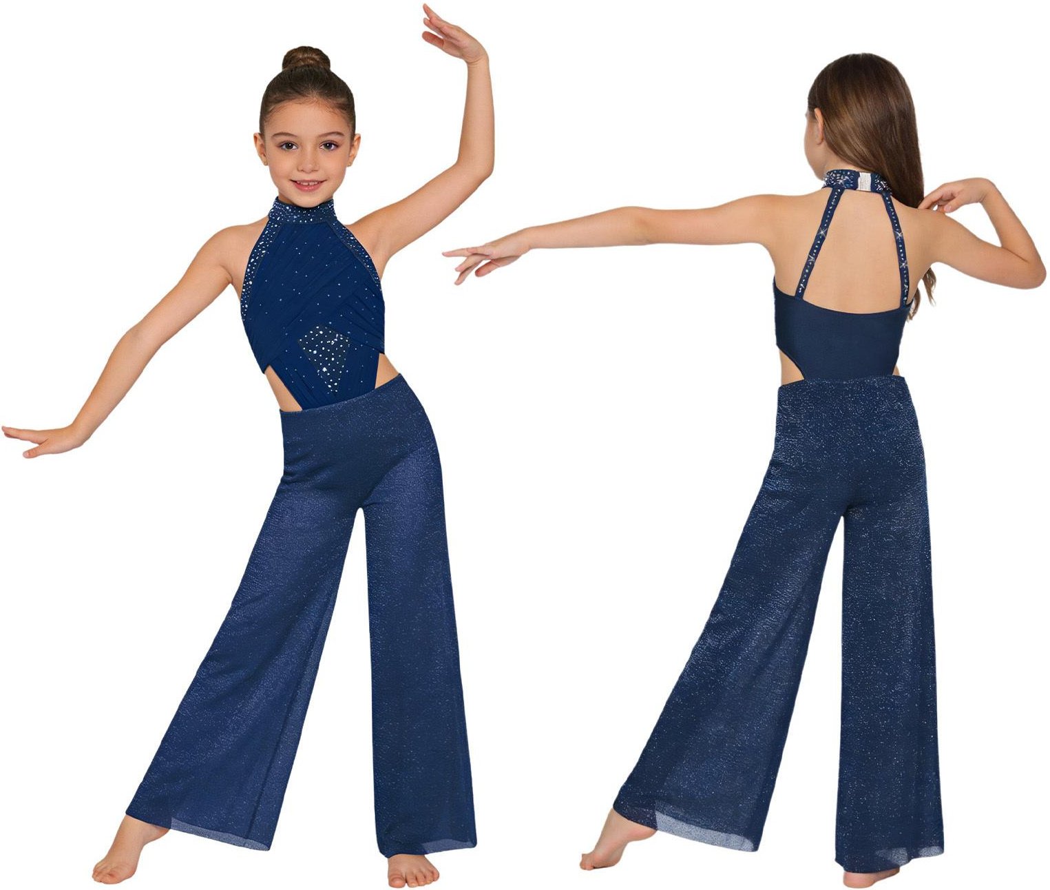 Barnflickor Balett Lyrisk Dans Jumpsuit Ärmlös Utskuren Glänsande Strass Livstycke Vid Ben Bodysuit Latin Jazz Modern Danskläder 9-10 Years marinblå färg